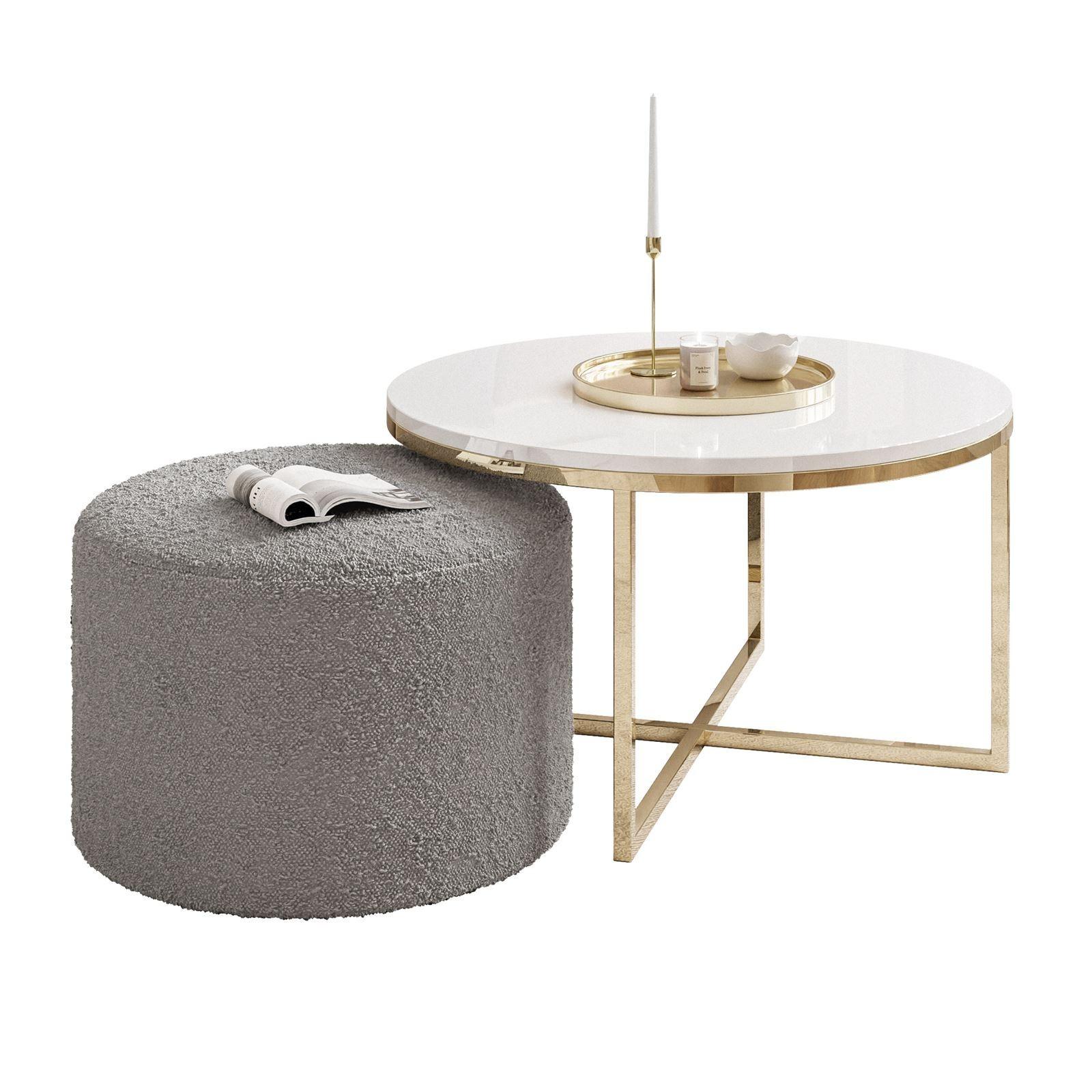 COUCHTISCH CIRI-X mit Hocker Gold Chrom|Weiß Hochglanz|Ascot taupe - Weiß Hochglanz/Goldfarben, Holzwerkstoff/Textil (70/70/46cm) - Lookway