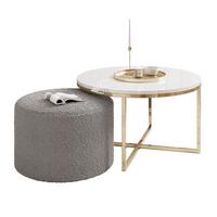 COUCHTISCH CIRI-X mit Hocker Gold Chrom|Weiß Hochglanz|Ascot taupe - Weiß Hochglanz/Goldfarben, Holzwerkstoff/Textil (70/70/46cm) - Lookway