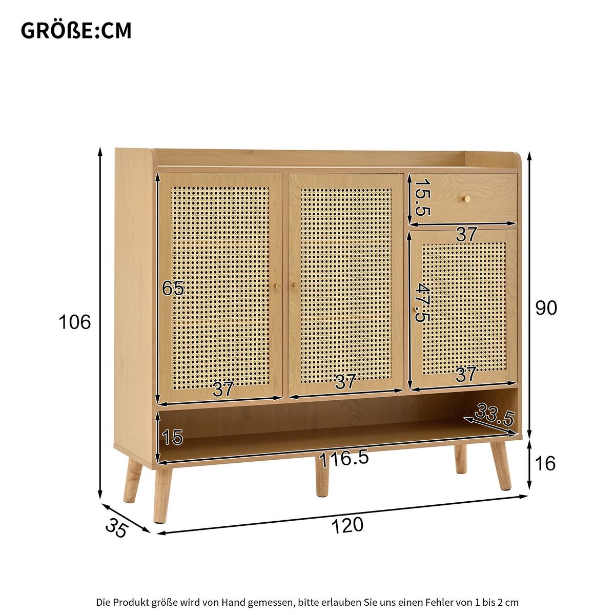 SCHUHSCHRANK natur rattan-optik mit 3 türen und schublade - Naturfarben, Holzwerkstoff (120/106/35cm) - Urban Meuble