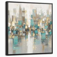 LEINWAND Bilder mit Rahmen - Abstrakt - Blöcke - Gold - Skyline - 50x50 - Beige, Textil (50/50cm) - MuchoWow