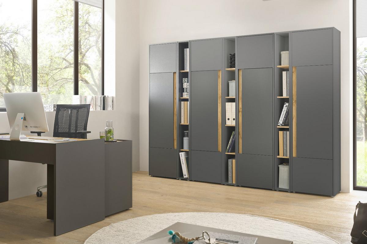 AKTENSCHRANK Set 4-teilig grau matt, Eiche Wotan 140 x 200 cm, Schrank-Regal-Kombination mit 20 Fächern - Eiche Wotan/Schwarz, Holzwerkstoff/Kunststoff (140/200/40cm) - Furn.Design