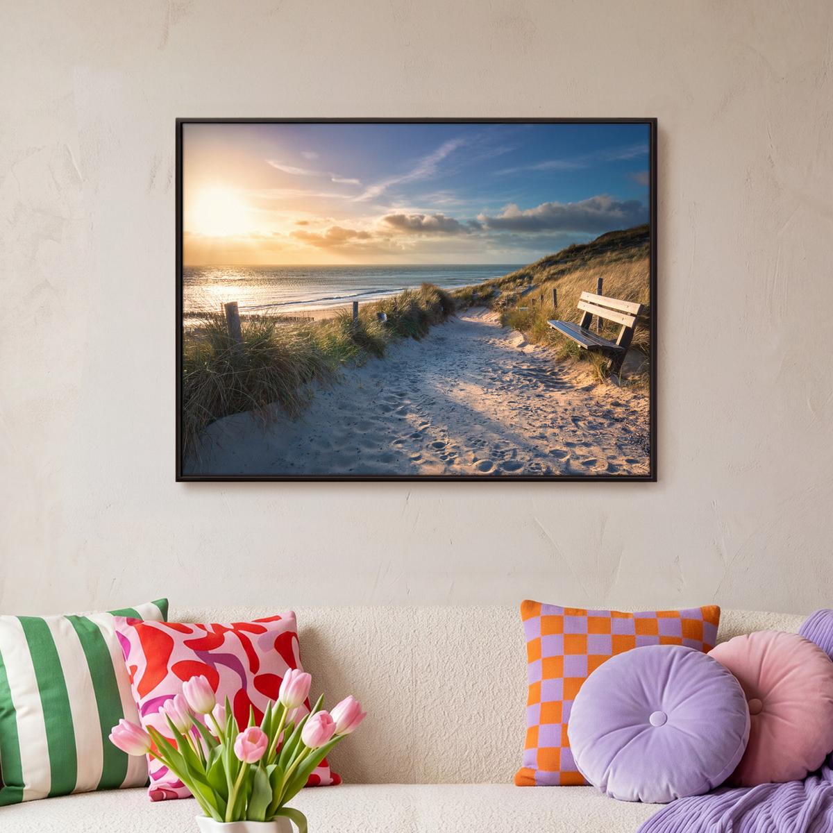 LEINWAND Bilder mit Rahmen - Sonnenuntergang - Strand - Düne - Gras - Ufer - 70x50 - Sandfarben, Textil (70/50cm) - MuchoWow