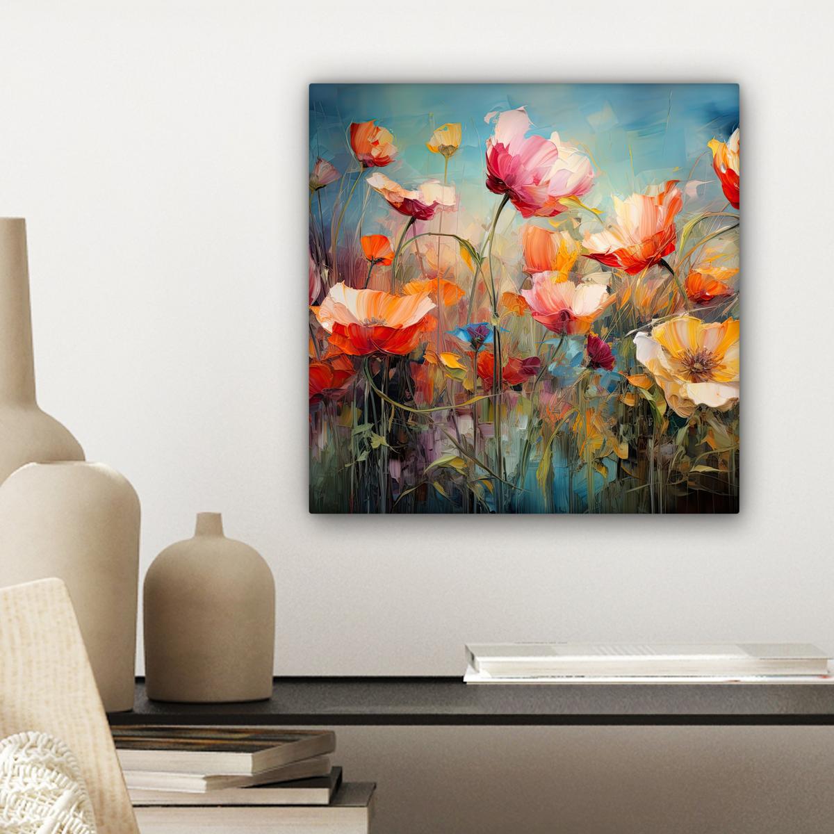 LEINWANDBILD Blumen - Aquarell - Kunst - Botanisch - Natur Deko Wohnzimmer 20x20 cm - Orange, Textil (20/20cm) - MuchoWow