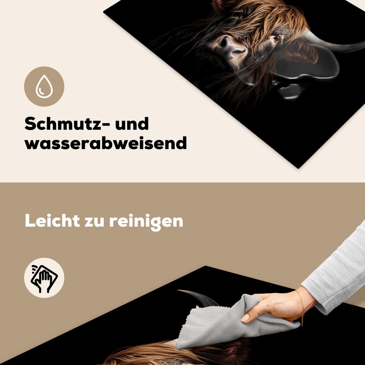 HERDABDECKPLATTE Schottischer Highlander - Porträt - Schwarz - Tier Abdeckung Ceranfeld 81.2x52 cm - Braun, Kunststoff (81.2/52/0.2cm) - MuchoWow
