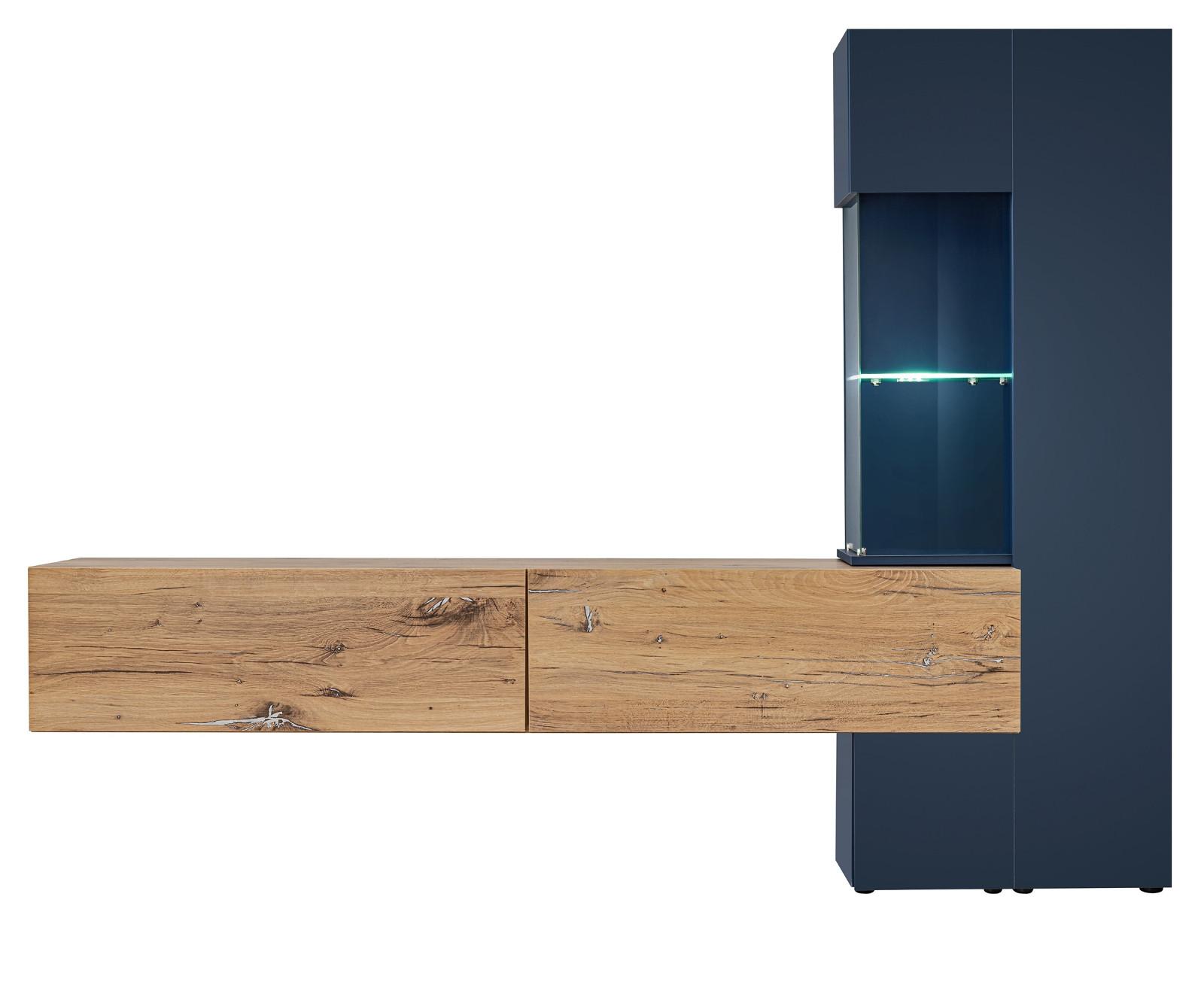 WOHNWAND Zinneiche, blau 210 cm, Schrankwand inklusive Beleuchtung - Blau/Eichefarben, Glas/Holzwerkstoff (210/162/40cm) - Furn.Design