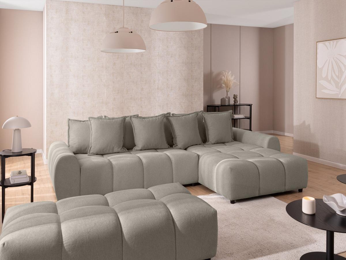 ECKSOFA inkl. Hocker Bubble mit Schlaffunktion und losen Rückenkissen, Sitzfläche Bubble-Optik aus weichem Taupe Strukturstoff - Ottomane Rechts - Taupe/Schwarz, Holz/Kunststoff (306/180cm) - S-Style Möbel
