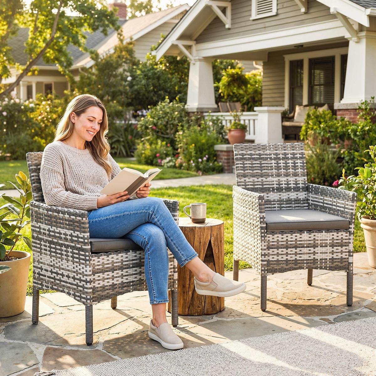 RATTANSTÜHLE 2er Set PE-Rattan Stahl Grau - Grau, Textil/Metall - Outsunny
