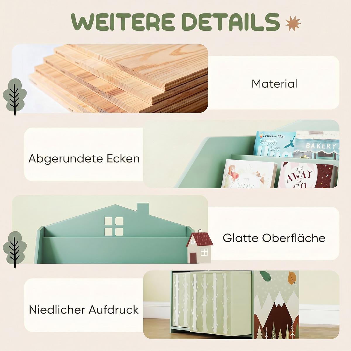 KINDER-BÜCHERREGAL MDF Vliesstoff Grün - Grün, Holzwerkstoff (30/91.5/62.5cm) - AIYAPLAY