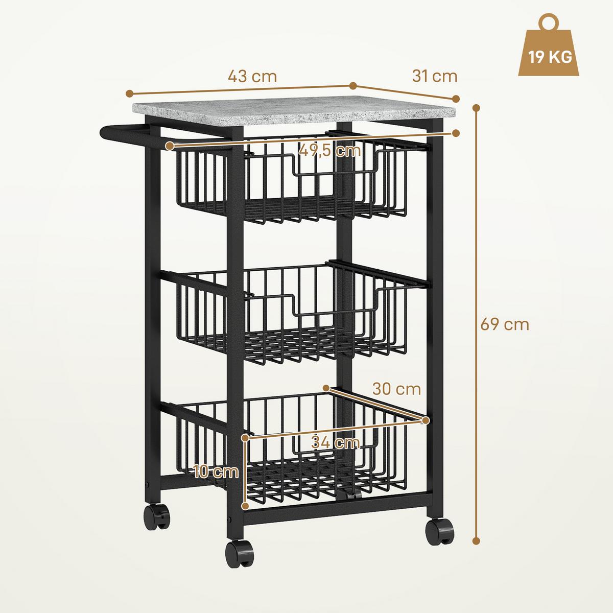 KÜCHENWAGEN Servierwagen mit Arbeitsplatte, 3 ausziehbaren Stahlkörben, Grau - Hellgrau/Schwarz, Metall (31/69/49.5cm) - HOMCOM