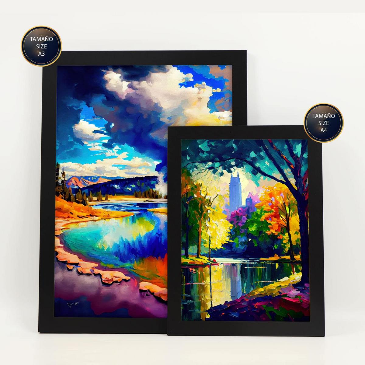 POSTER Set Mit 6 Wolken Im Ölgemälde Stil A3 & A4 Schwarzer Rahmen - Schwarz, Papier (29/3cm) - Nacnic