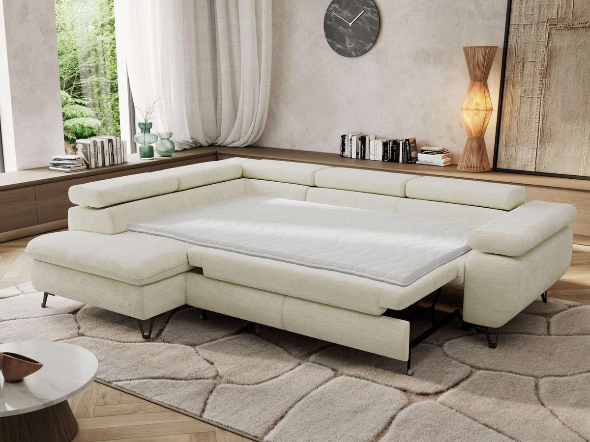 ECKSOFA PABLO L Creme Schenille glatt - Links Seite mit T25 Topper - Creme/Schwarz, Textil/Metall (208/273cm) - MKS