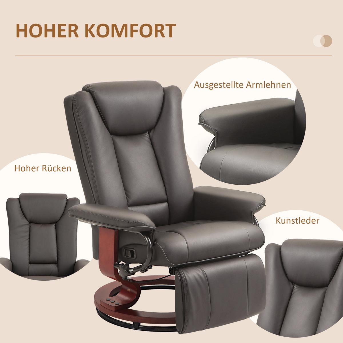 RELAXSESSEL, drehbarer TV-Sessel, Liegefunktion, Fußstütze, Lederoptik, Braun - Rotbraun/Braun, Leder/Holzwerkstoff (88/103/78cm) - HOMCOM