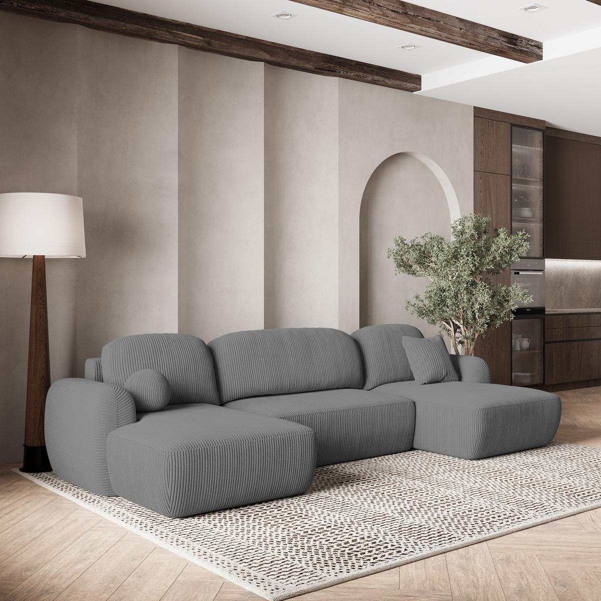 WOHNLANDSCHAFT SAVONA P Grau Kordstoff mit Schlaffunktion - Schwarz/Grau, Holz/Kunststoff (320/90/148cm) - MASSENO