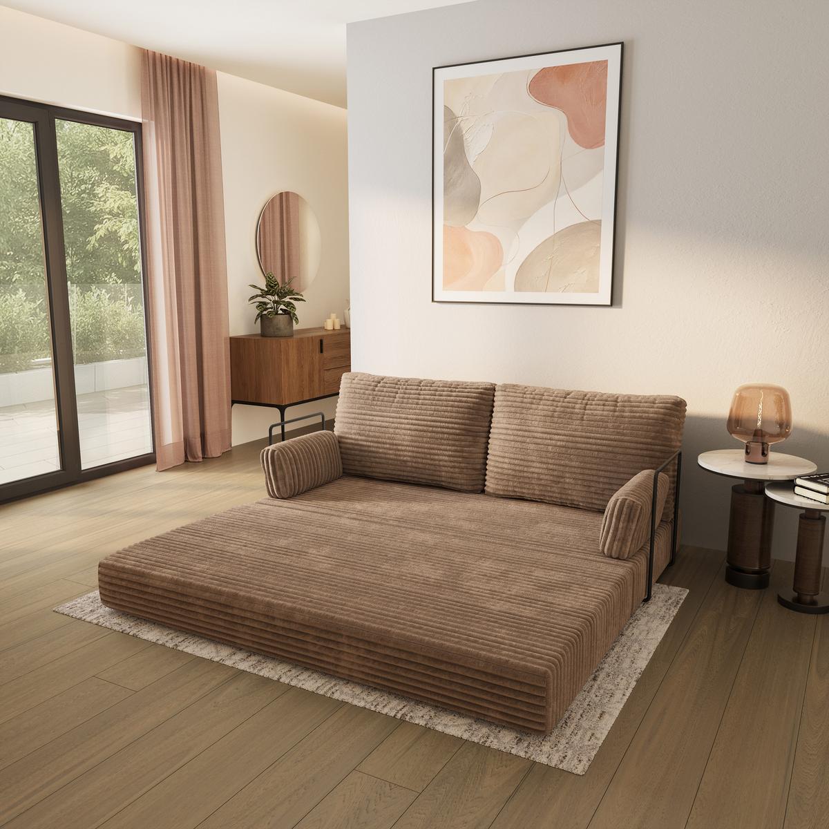 BETTSOFA SILAR aus Schaumstoff Kordstoff Beige Schlaffunktion - Beige, Textil (170/86/80cm) - MASSENO