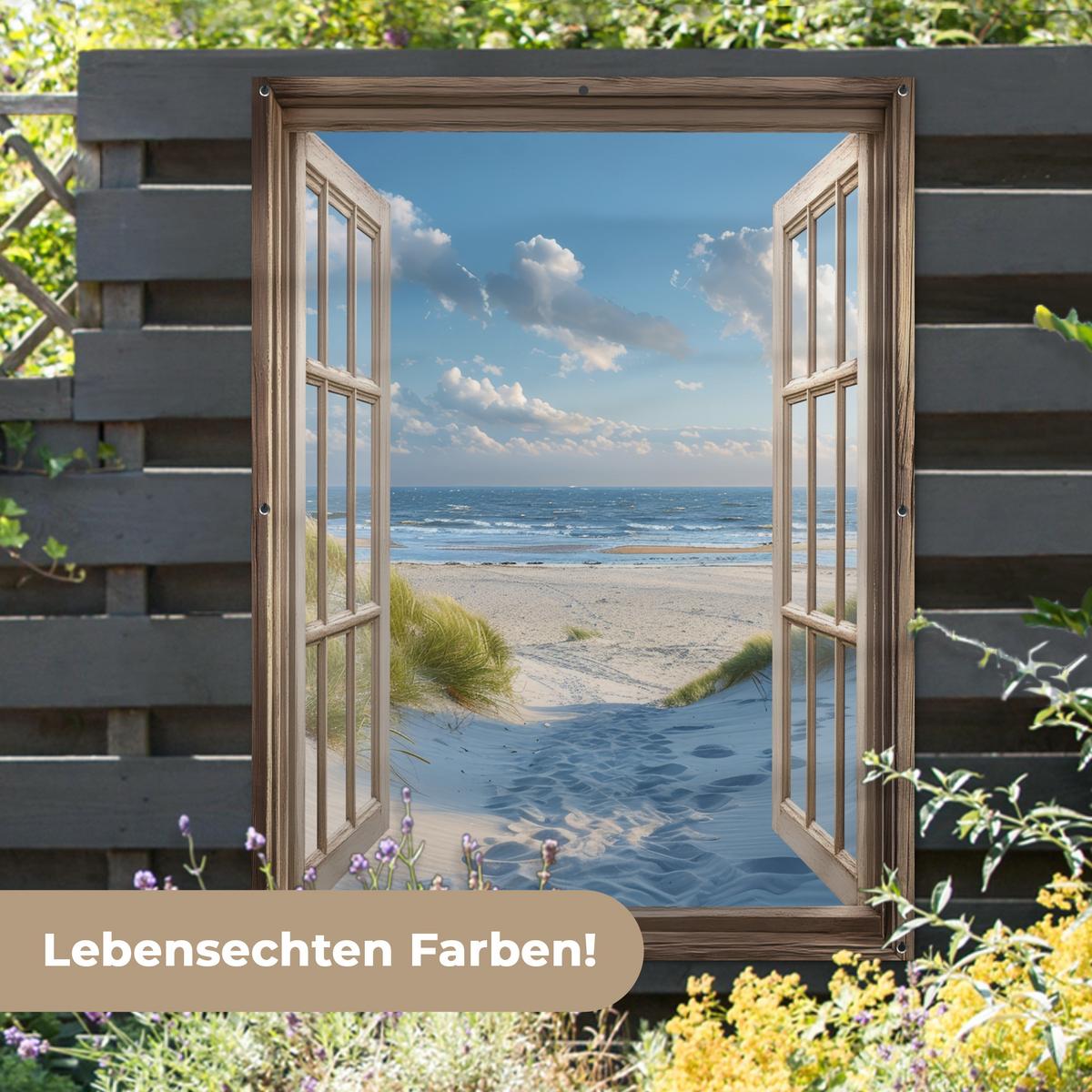 GARTENPOSTER Aussicht - Strand - Fenster - Dünen - Meer Gartendekoration 120x160 cm - Hellblau, Kunststoff (120/160/0.2cm) - OnlyWow