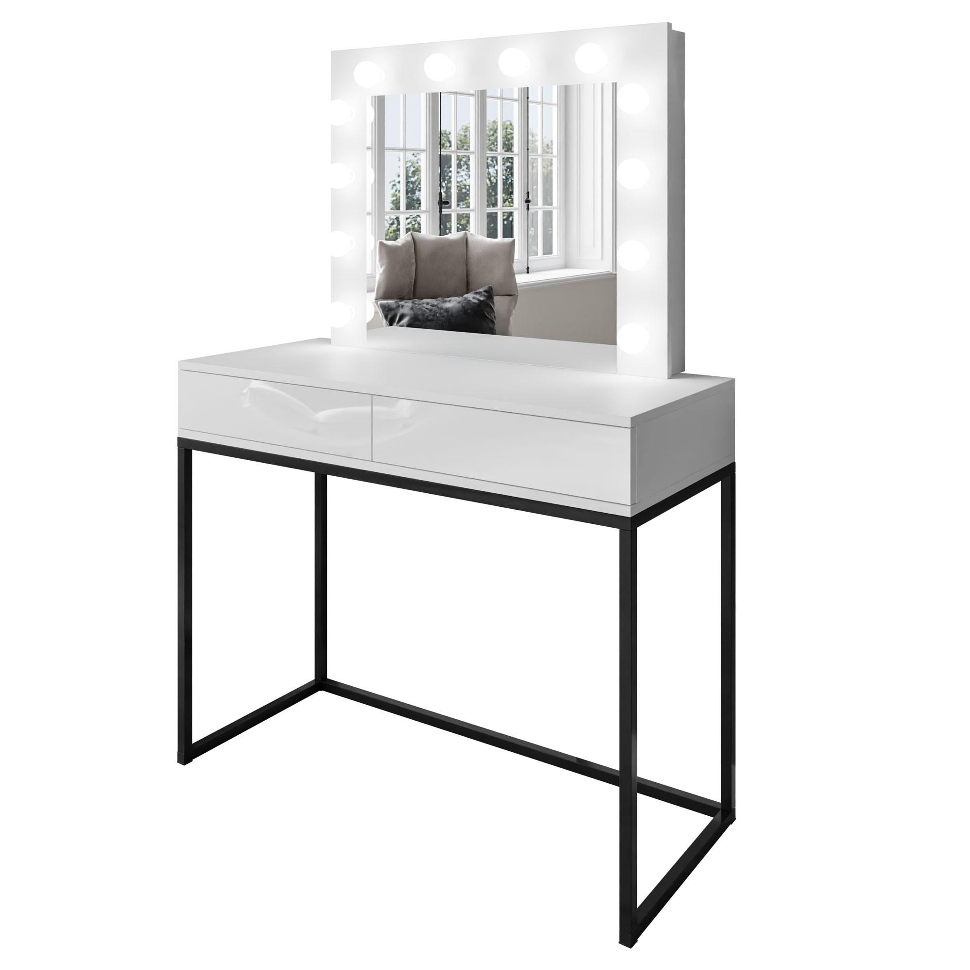 SCHMINKTISCH BLANCO LOFT mit Spiegel und Beleuchtung Weiß Hochglanz PUSH OPEN - Weiß Hochglanz/Schwarz, Holzwerkstoff (100/146/42cm) - Lookway