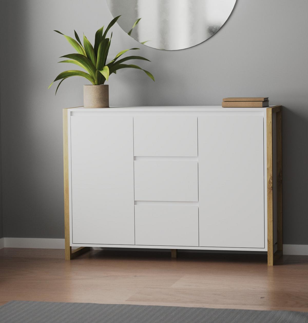 SIDEBOARD weiß, Eiche Artisan 120 x 88 cm, Kommode mit viel Stauraum - Weiß/Eiche Artisan, Holzwerkstoff (120/88/40cm) - Furn.Design