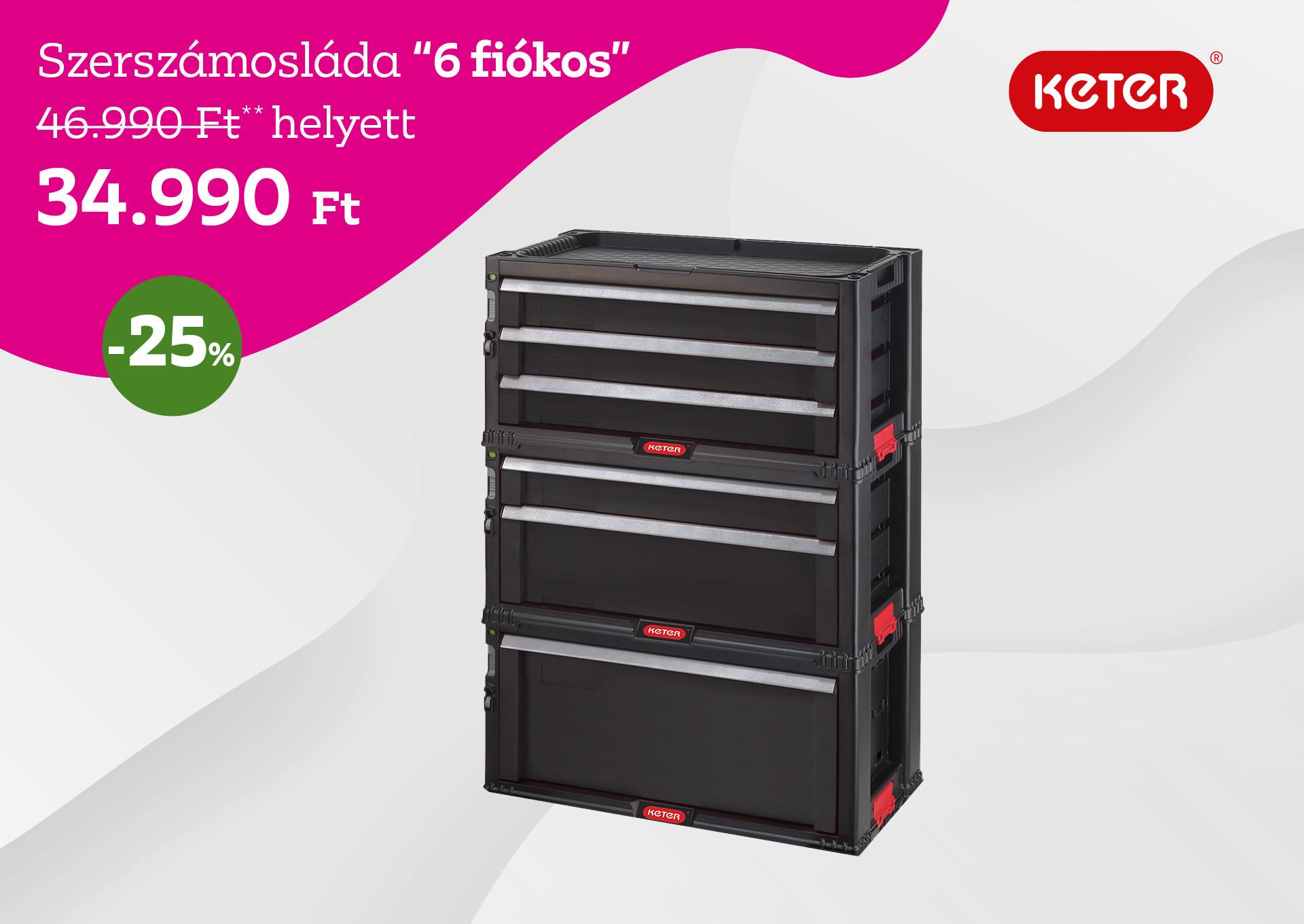 Szerszámosláda 6 fiókos 46990 Forint helyett 34990 Forint, kedvezmény mértéke 25%
