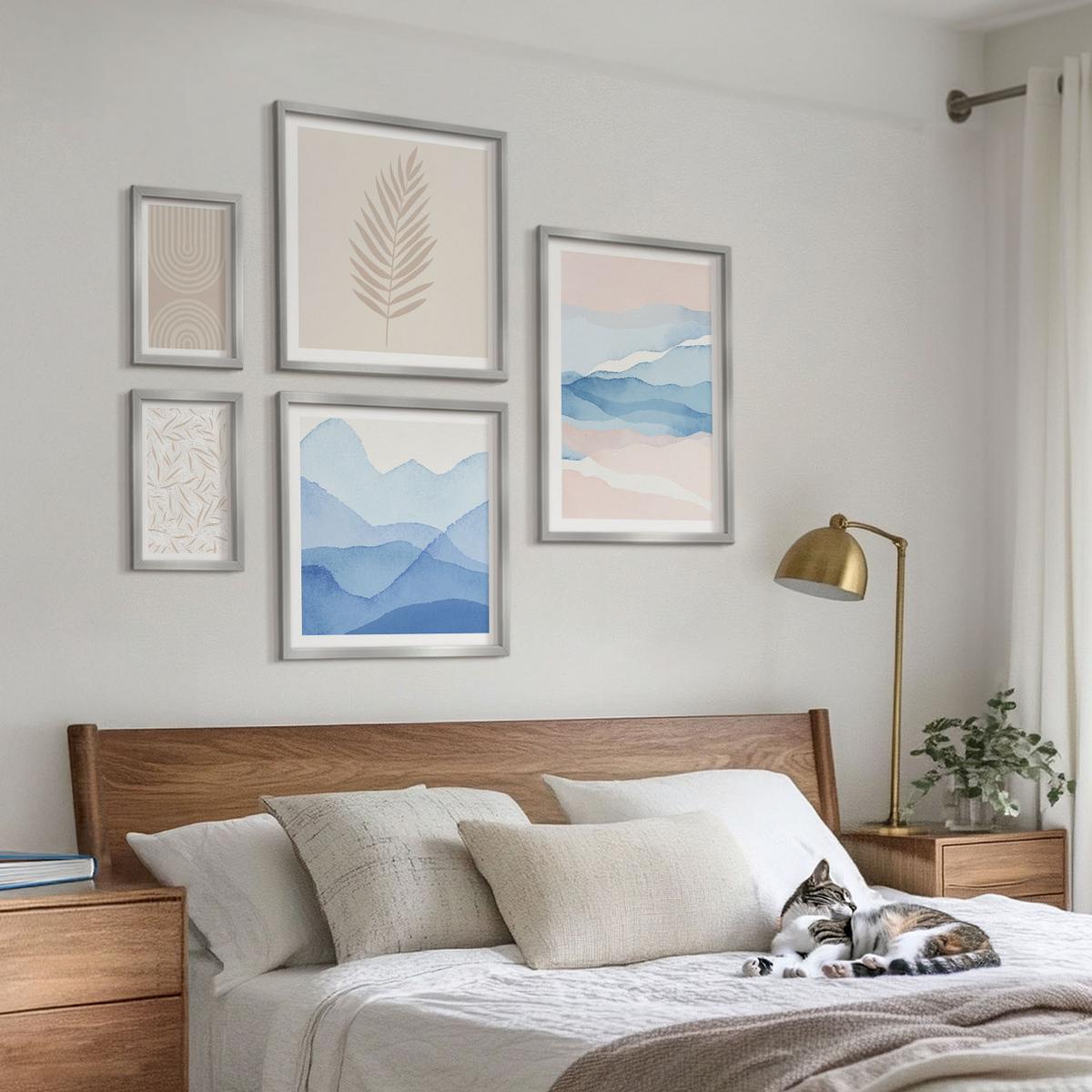 BILDER SET 5er Set - 50x50 cm & 20x30 cm & 40x60 cm Silberner Rahmen - Blätterwellen beige blau - Silberfarben, Kunststoff (40/60cm) - TULUP
