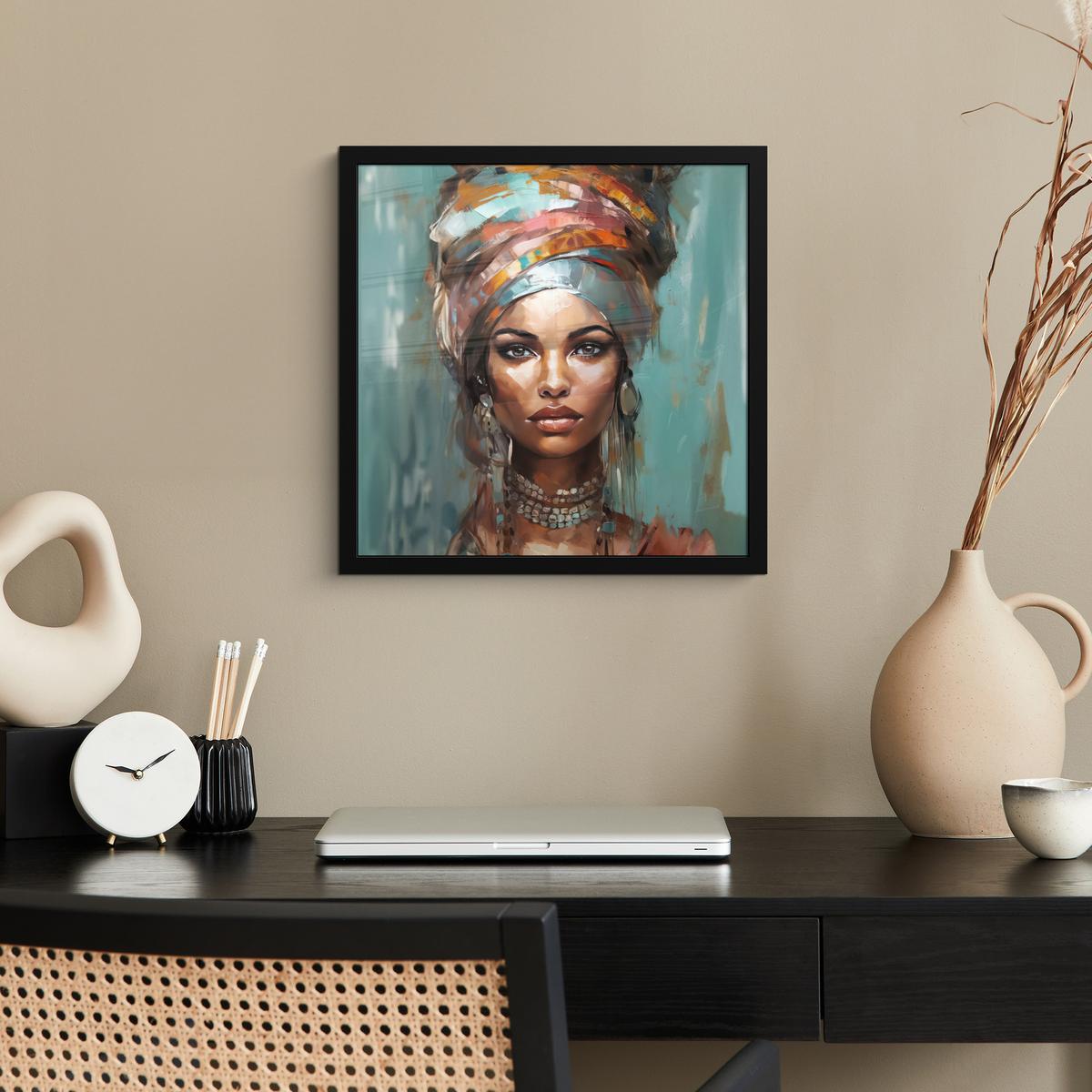 POSTER MIT RAHMENGERAHMTES BILD Frau - Kunst - Schmuck - Porträt 40x40 cm - Blaugrau, Papier (40/40cm) - MuchoWow