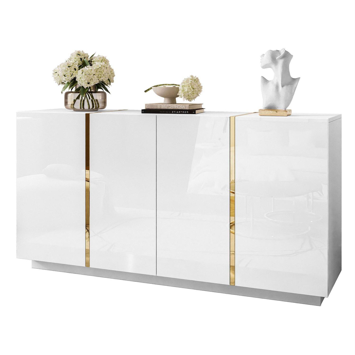 SIDEBOARD ONYX 4T 158 CM LUXURIÖSE KOMMODE MIT HOCHGLANZ FÜR DAS WOHNZIMMER PUSH OPEN - Goldfarben/Weiß, Holzwerkstoff (158/81/41cm) - Lookway