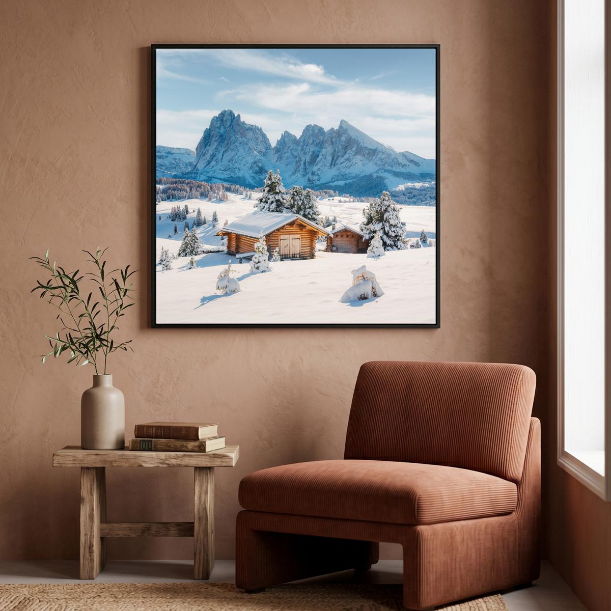 LEINWAND Bilder mit Rahmen - Winter - Hütte - Berge - Aussicht - Schnee - 90x90 - Eichefarben, Textil (90/90cm) - MuchoWow