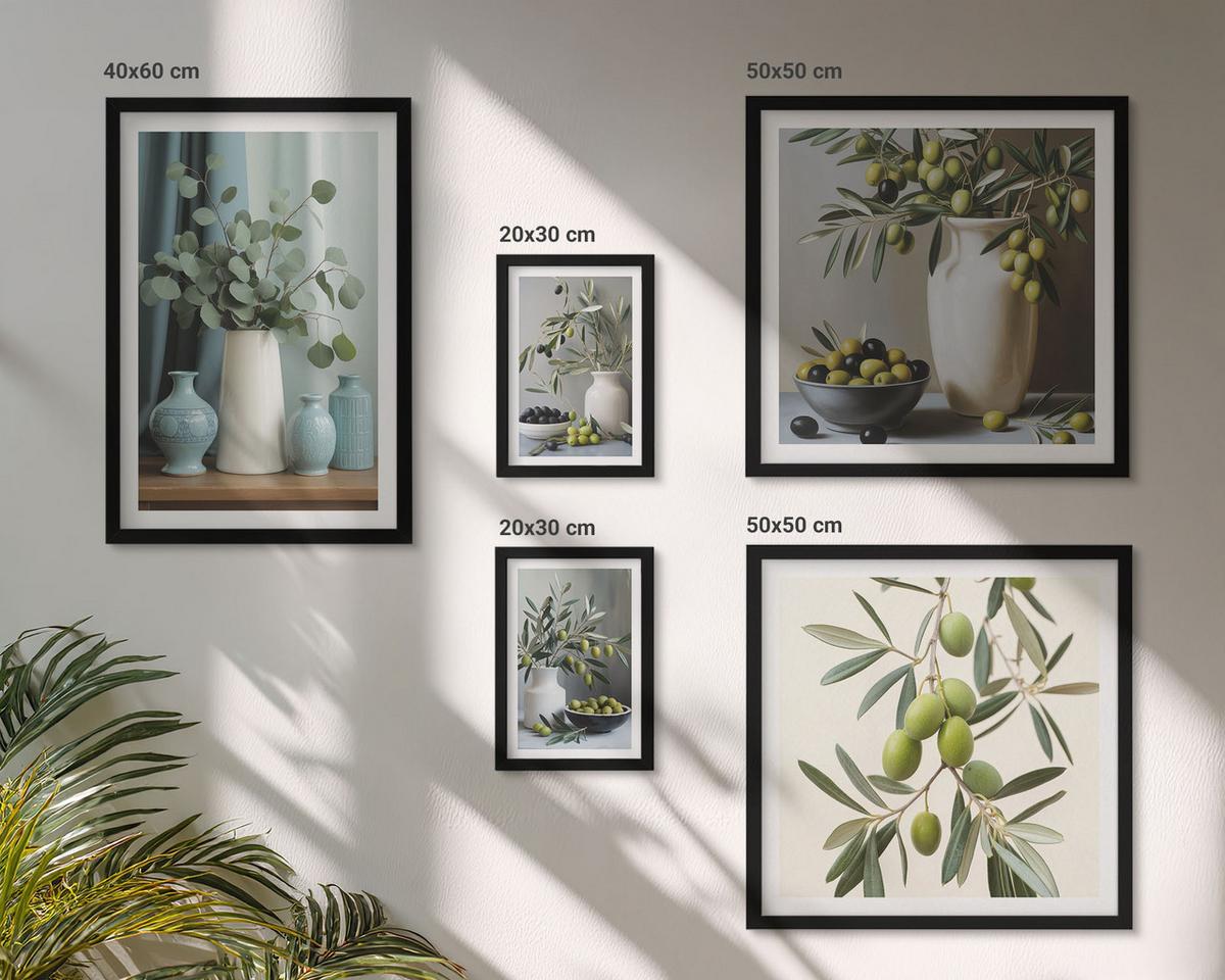 BILDER SET 5er Set - 50x50 cm & 20x30 cm & 40x60 cm Schwarzer Rahmen - Oliven in Vasen in gedeckten Farben - Schwarz, Kunststoff (40/60cm) - TULUP