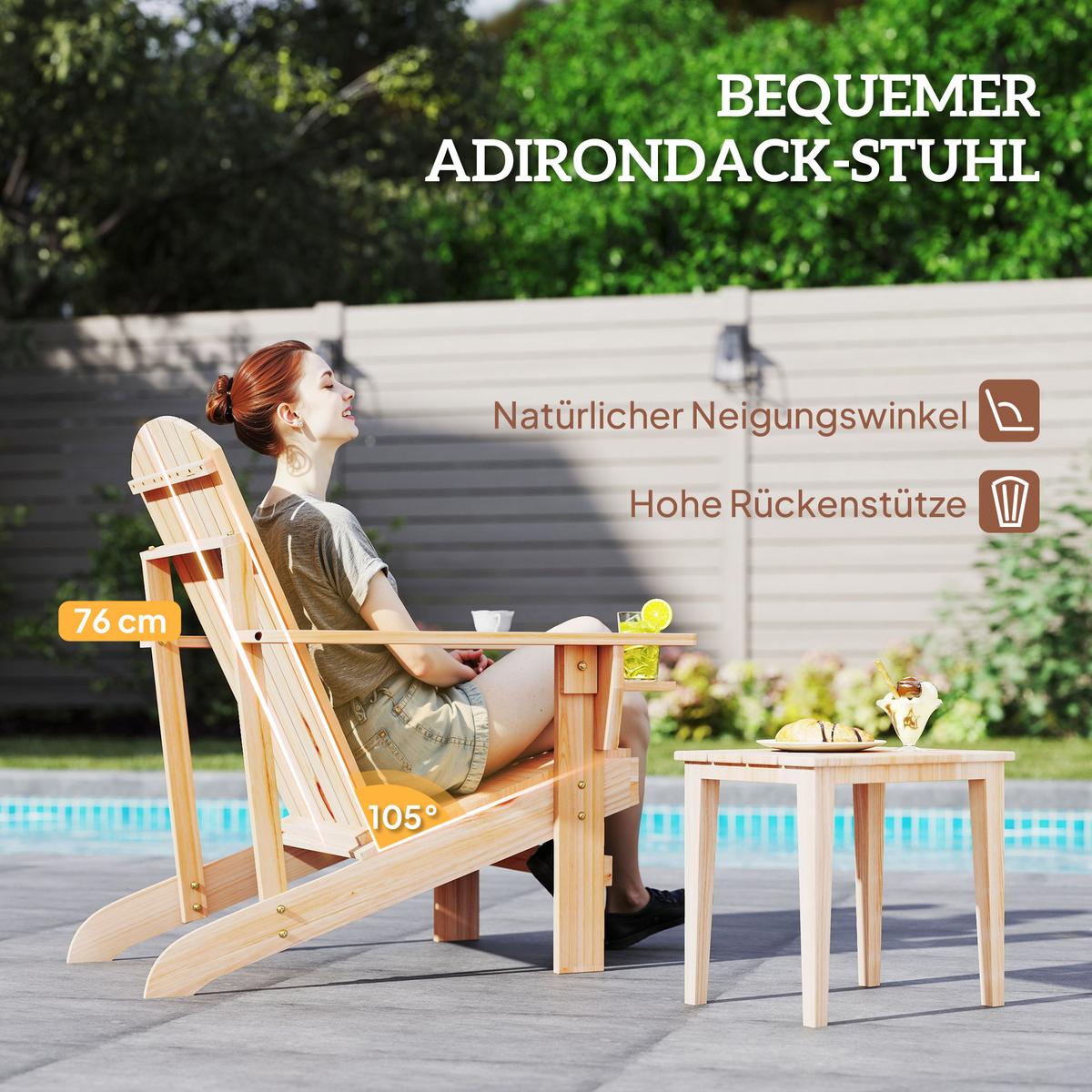 ADIRONDACK-GARTENSTUHL mit Becherhalter Gartenliege Balkonstuhl Massivholz Natur - Fichtefarben, Holz (95/93/72cm) - Outsunny