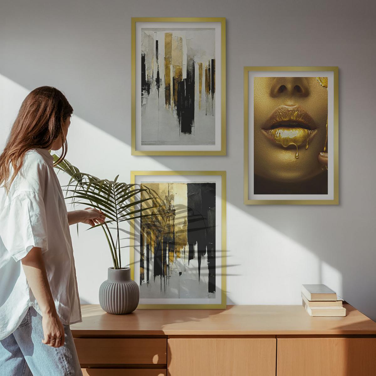 BILDER SET 3er Set - 40x60 cm Goldrahmen - Abstrakte Porträtmalerei - Goldfarben, Kunststoff (40/60cm) - TULUP
