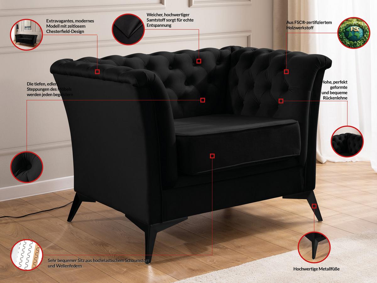 CHESTERFIELD-SESSEL Whitby Schwarz Samt mit schwarzen Füßen - Schwarz, Holz/Textil (116/78/82cm) - S-Style Möbel