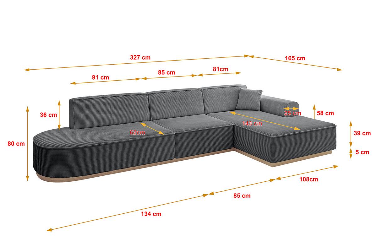 ECKSOFA Ottomane Rechts IREA-L2 - 327x165x80 cm Duneklgrau - Dunkelgrau, Holzwerkstoff/Textil (327/165cm) - ALTDECOR