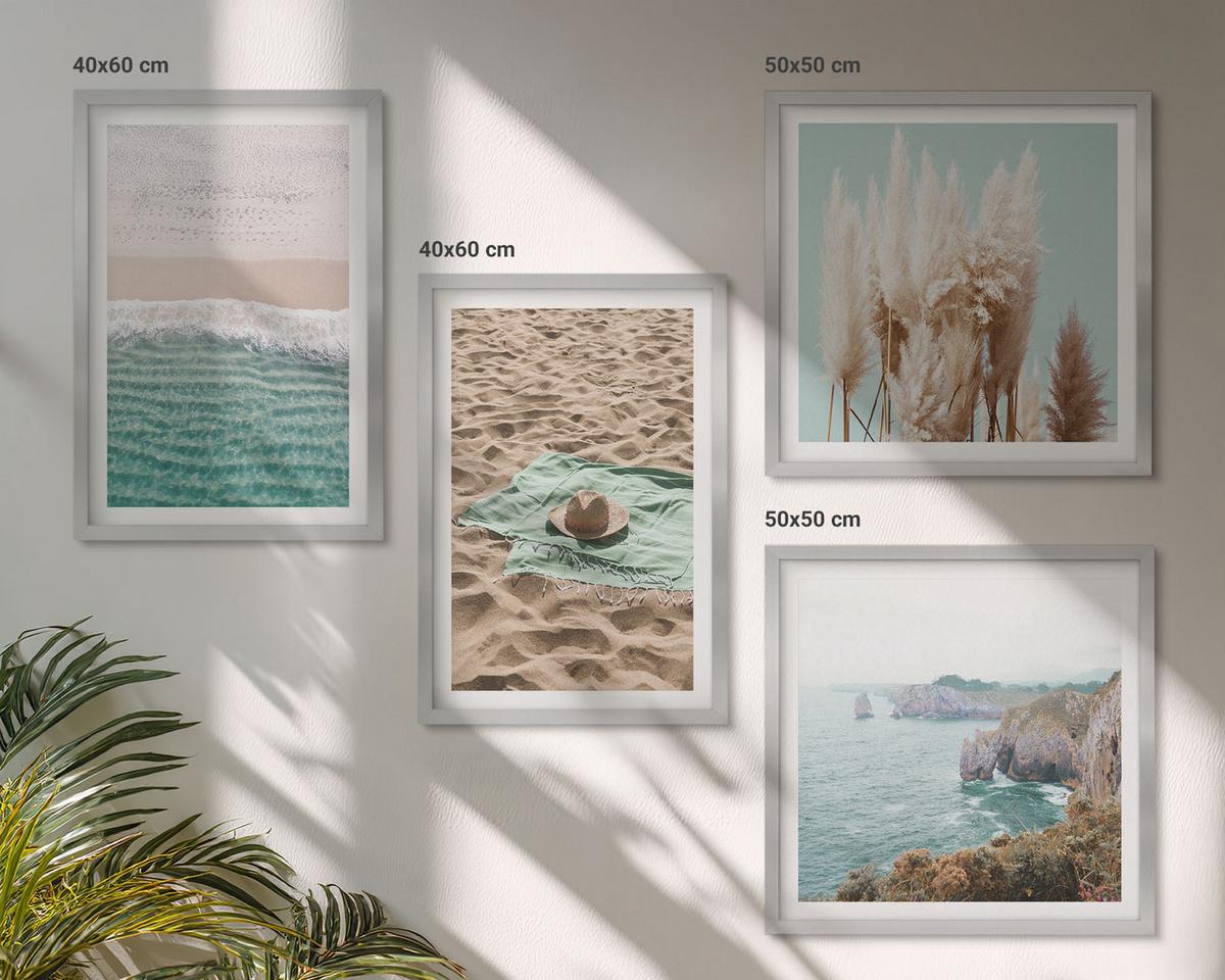 BILDER SET 4er Set - 50x50 cm & 40x60 cm Silberner Rahmen - Strandwellen Grashut - Silberfarben, Kunststoff (50/50cm) - TULUP