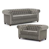 SITZGARNITUR 3+2 Chesterfield Cleo Blink Grau Samt mit Kristallsteppung und braunen Massivholzfüßen - Braun/Grau, Holz/Textil (203/72/86cm) - S-Style Möbel
