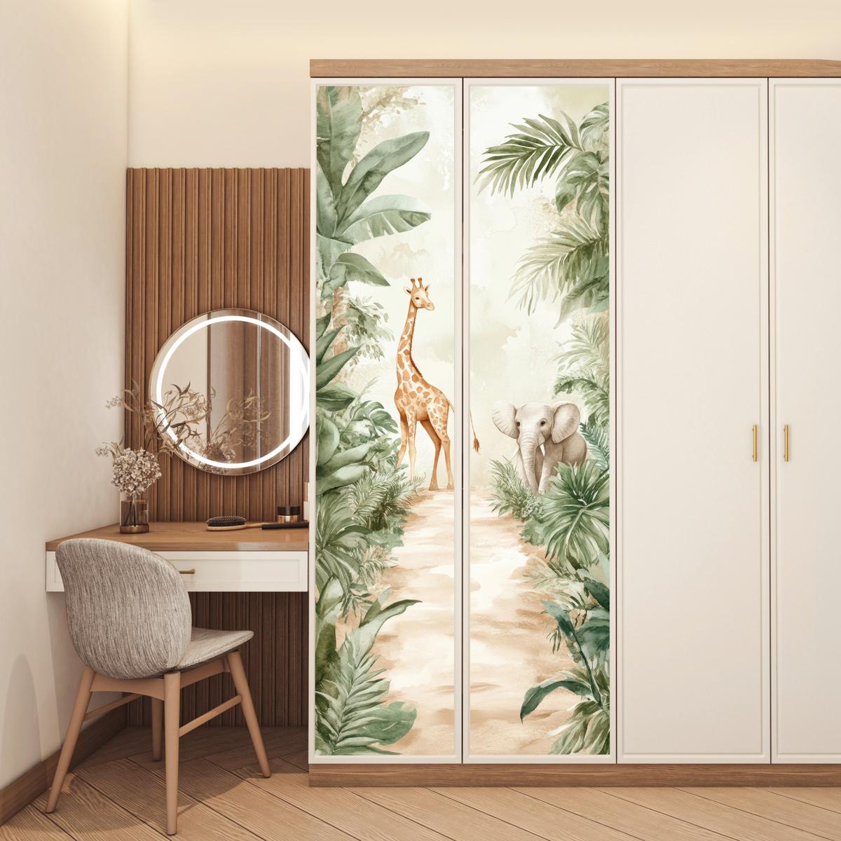TÜRAUFKLEBER Dschungel - Giraffe - Elefant - Grün - Natur 90x235 cm - Türtapete - Eukalyptusholzfarben, Kunststoff (90/0.1cm) - MuchoWow
