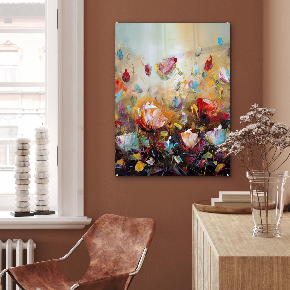 ACRYLGLASBILD Blumen - Kunst - Natur - Ölgemälde 60x80 cm - Multicolor, Glas (60/80cm) - MuchoWow