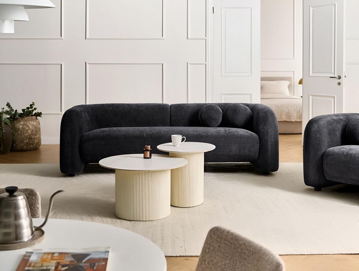 3-SITZER-SOFA Chenillegewebe Schwarz Leiren - Schwarz, Textil (224/68/87cm) - Beliani
