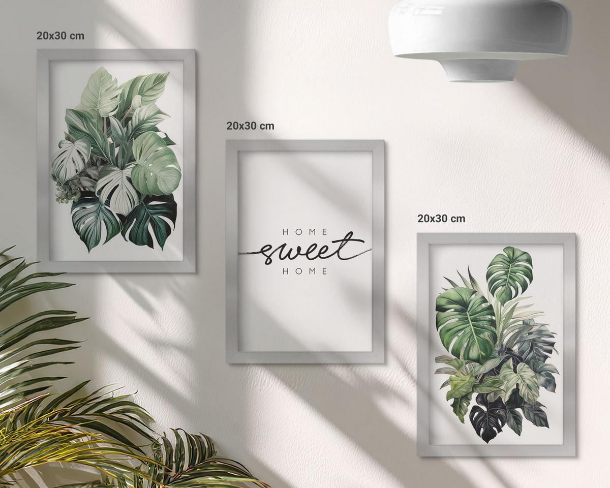 BILDER SET 3er Set - 20x30 cm Silberner Rahmen - Pflanzen mit der Aufschrift „Sweet Home“ - Silberfarben, Kunststoff (20/30cm) - TULUP