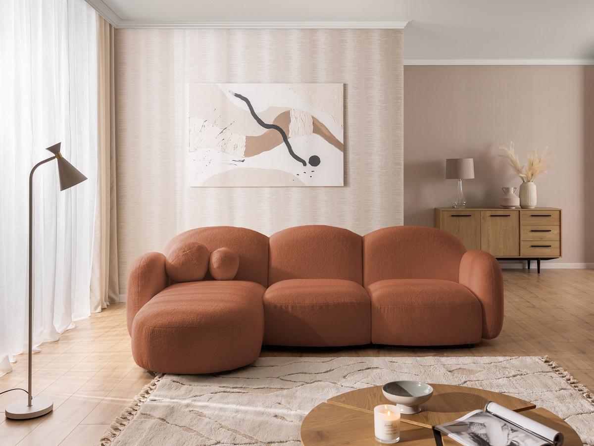 ECKSOFA Nuvola mit abgerundetem Design Terrakotta Bouclé-Stoff - Ottomane Links - Terracotta/Schwarz, Holz/Kunststoff (268/146cm) - S-Style Möbel