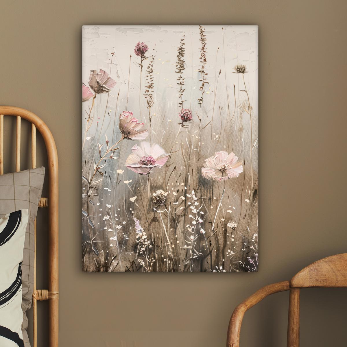 LEINWANDBILD Blumen - Rosa - Modern - Beige Wandbild Wohnzimmer 60x80 cm - Beige, Textil (60/80cm) - MuchoWow