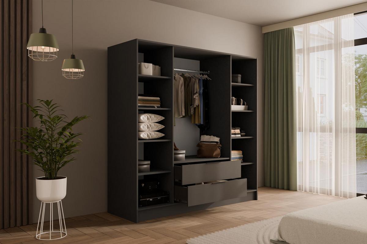 KLEIDERSCHRANK NELIA - 200 cm - Graphitfarben/Eiche Artisan, Holzwerkstoff (200/200/51cm) - ALTDECOR