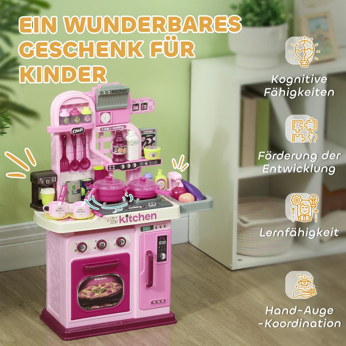 KINDERKÜCHE Spielküche mit Herd, Wasserhahn mit Druckknopf, für 3-6 Jahre, Rosa - Rosa, Kunststoff (53/22/69cm) - AIYAPLAY