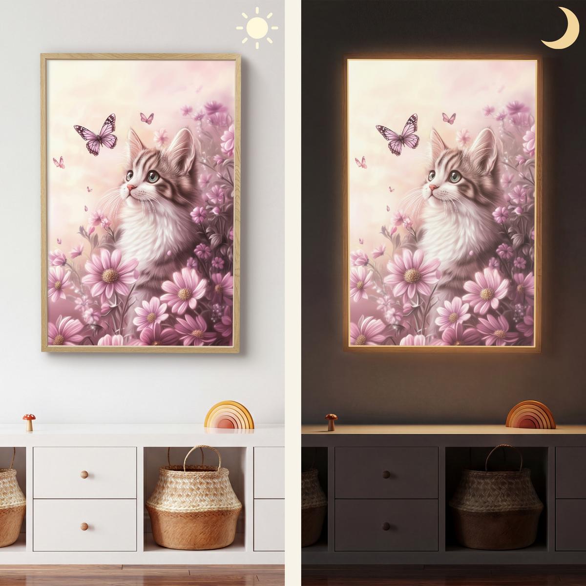 WANDLEUCHTE MIT AKKU Kätzchen - Blumen - Schmetterlinge - Lila 60x90 cm - Altrosa, Holzwerkstoff (60/90/8cm) - OnlyWow