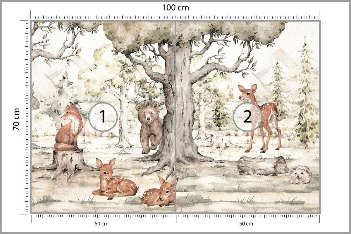 FOTOTAPETE für Kinderzimmer Waldtiere Aquarell Bär Fuchs Reh Bäume 100x70 - Beige/Orange, Papier (100/70cm) - Muralo