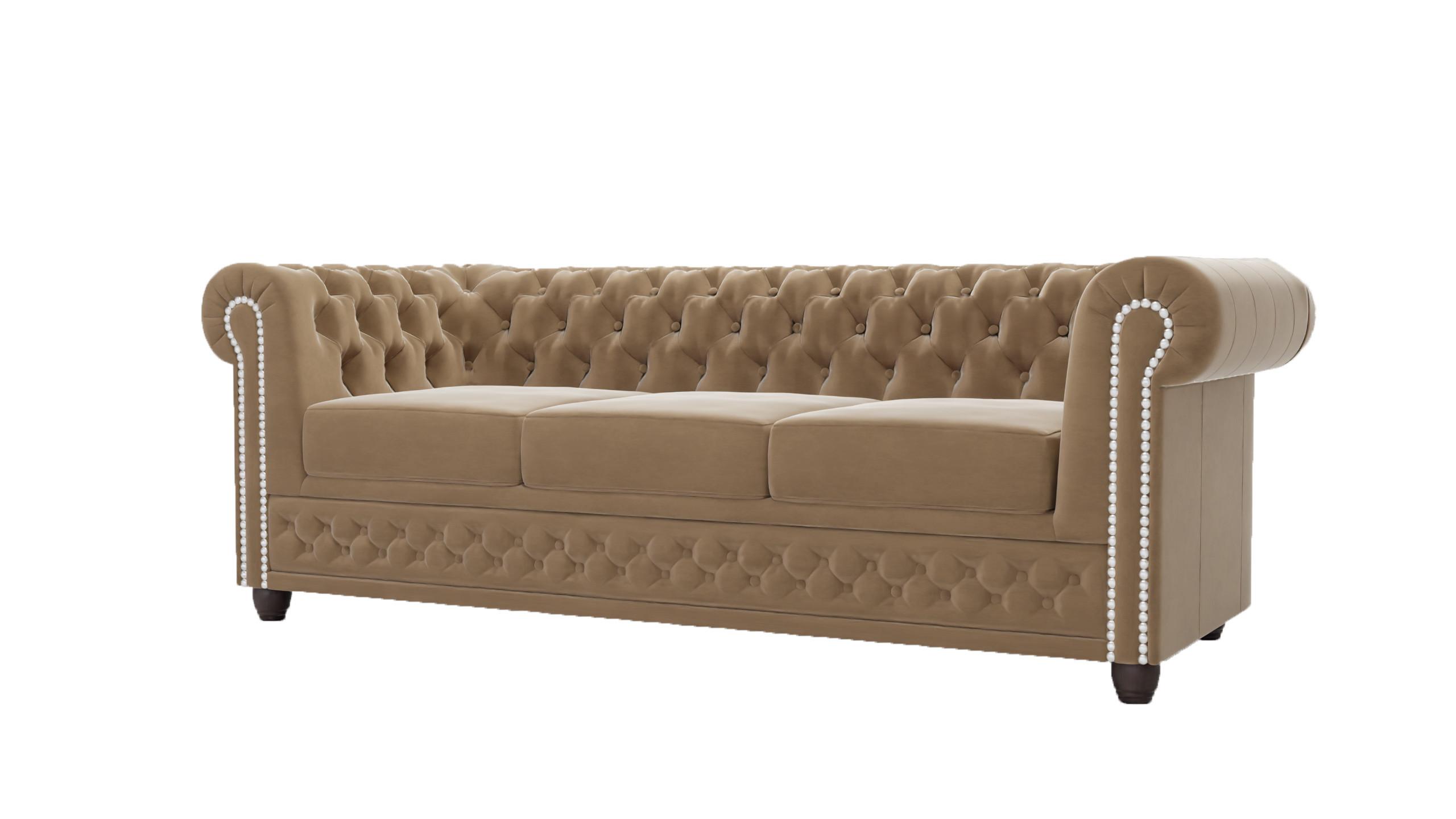 CHESTERFIELD-SOFA 3-Sitzer mit Schlaffunktion Nyx Beige Samt - Beige/Braun, Holz/Textil (203/28/86cm) - S-Style Möbel