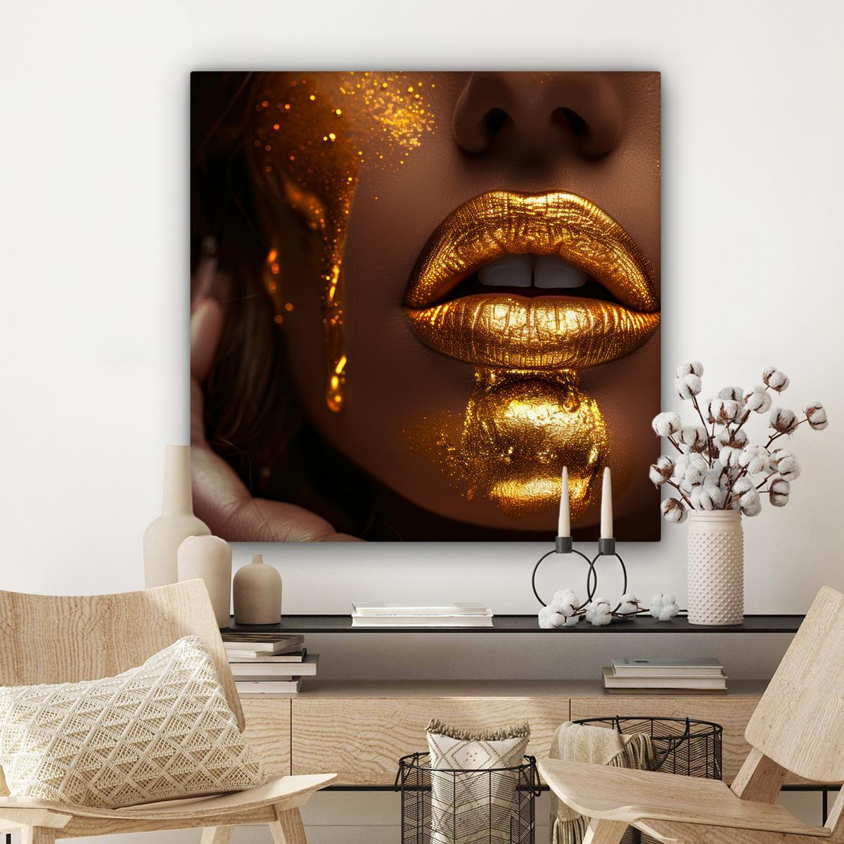 LEINWANDBILD Frau - Gold - Luxus - Porträt Deko Groß 90x90 cm - Goldfarben, Textil (90/90cm) - MuchoWow