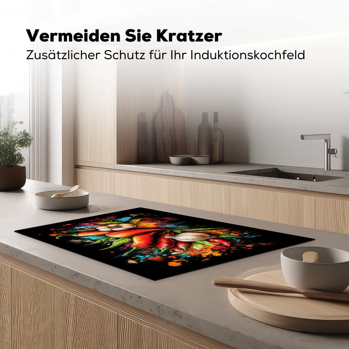 HERDABDECKPLATTE Gemüse - Paprika - Knoblauch - Graffiti - Farbe - Bunt Ceranfeldabdeckung 78x52 cm - Rot, Kunststoff (78/52/0.2cm) - MuchoWow