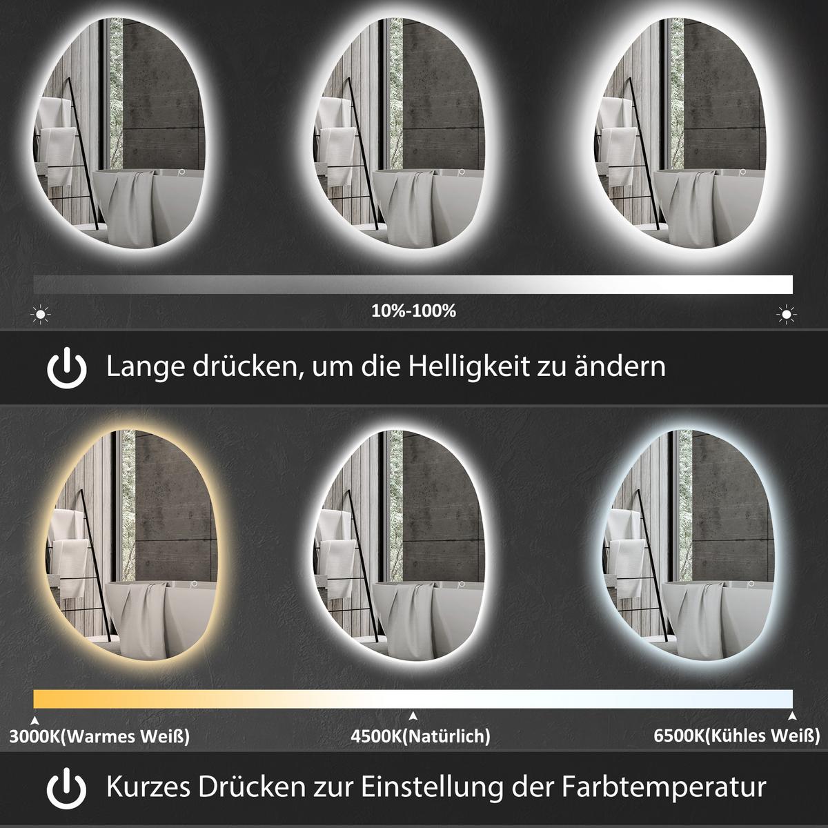 70 x 50 cm Asymmetrischer Badspiegel mit LED-Licht, Anti-Beschlag-Funktion - Silberfarben, Glas (50/5/70cm) - HOMCOM