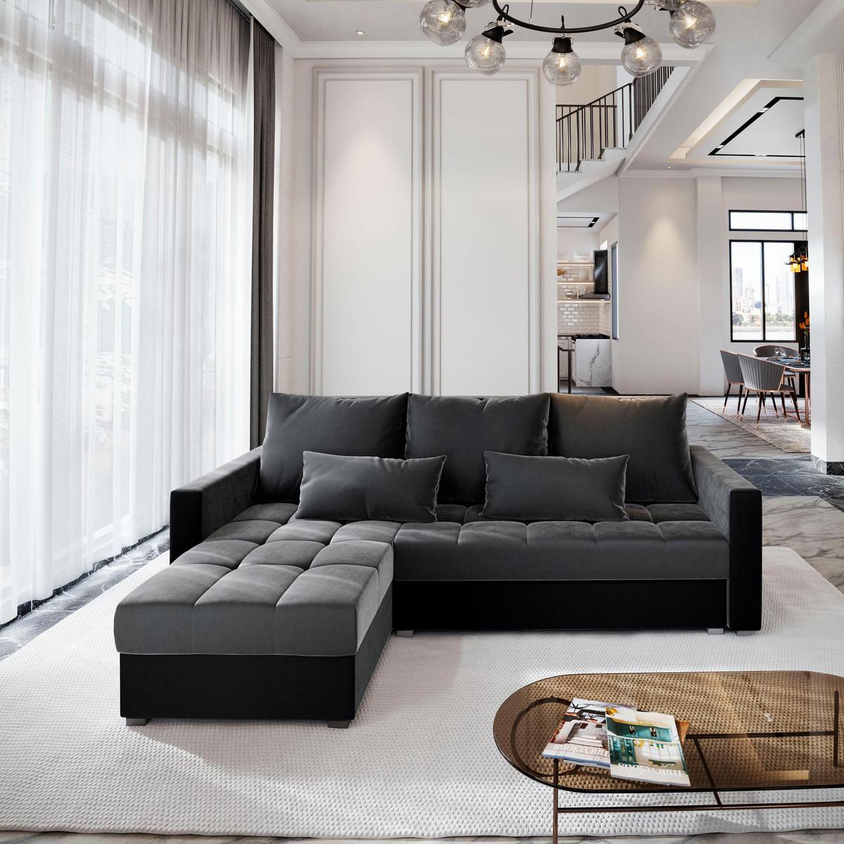 ECKSOFA KOS PIK Grau Plüsch-Stoff mit Schlaffunktion - Schwarz/Grau, Holz/Kunststoff (220/140cm) - MASSENO
