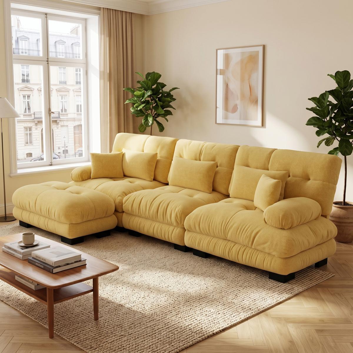 ECKSOFA Modulares 313cm Chenille Cloud-Sofa mit Ottoman für das Wohnzimmer - Gelb, Textil (313/145cm) - Urban Meuble