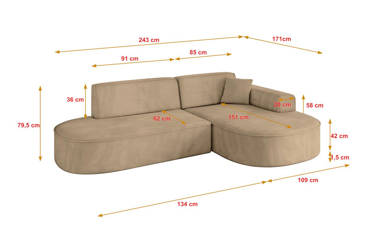 ECKSOFA Ottomane Rechts MARI-L1 - 243x171x79 cm Taupe Velours - Taupe/Schwarz, Holzwerkstoff/Kunststoff (171/243cm) - ALTDECOR